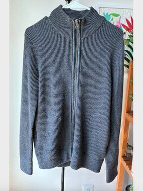 Vince Wool Ribbed Knit Full-Zip Sweater in Dark Gray w/ Leather Details - Size S